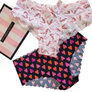 2 VICTORIA'S SECRET Panties Pink Red Love Hearts No Show Hipster Lace Cheeky M