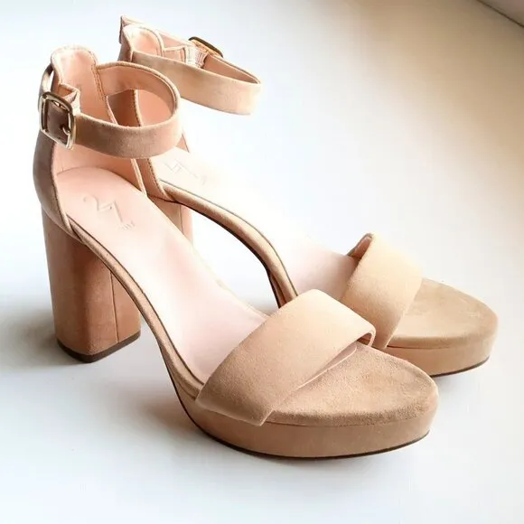 27 Edit Briar Beige Suede Leather Ankle Strap Block Heel Platform Sandals Shoes