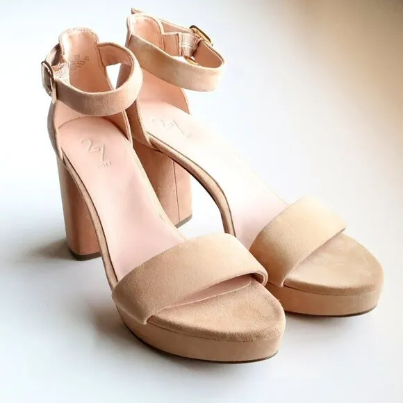 27 Edit Briar Beige Suede Leather Ankle Strap Block Heel Platform Sandals Shoes