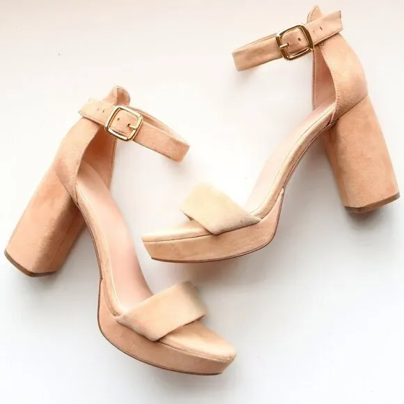 27 Edit Briar Beige Suede Leather Ankle Strap Block Heel Platform Sandals Shoes