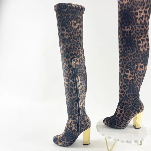 #428 Bamboo LEOPARD Print velvet boots w/gold chunky high heels NEW