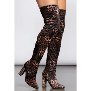 #428 Bamboo LEOPARD Print velvet boots w/gold chunky high heels NEW