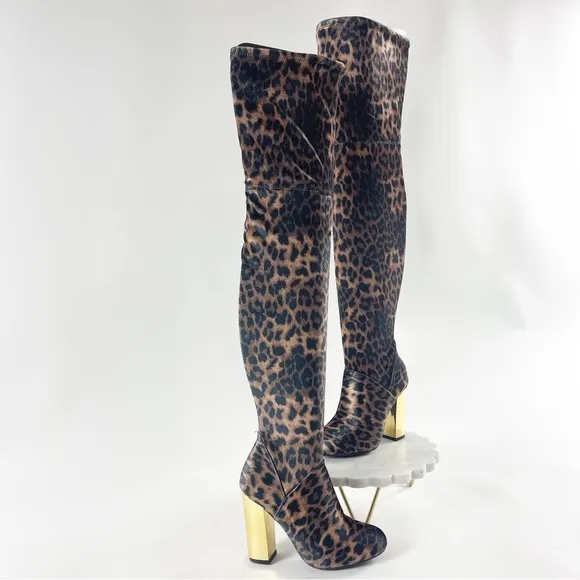 #428 Bamboo LEOPARD Print velvet boots w/gold chunky high heels NEW