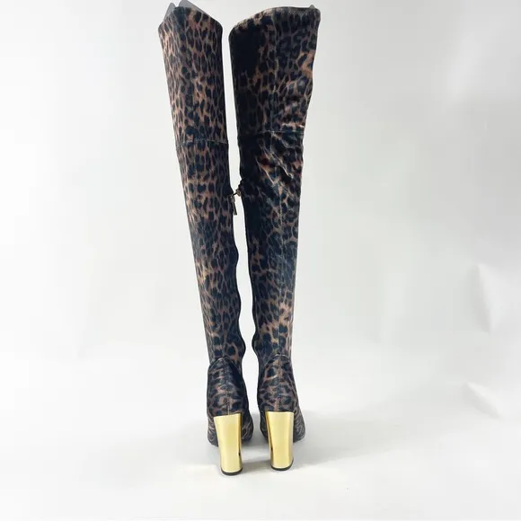 #428 Bamboo LEOPARD Print velvet boots w/gold chunky high heels NEW