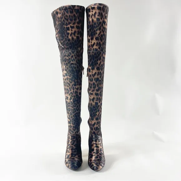 #428 Bamboo LEOPARD Print velvet boots w/gold chunky high heels NEW