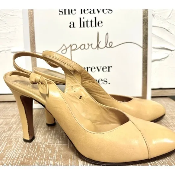 80s 90s VTG Halston Slingback Butter Colored Leather Pumps 8 1/2N Made in Italy
