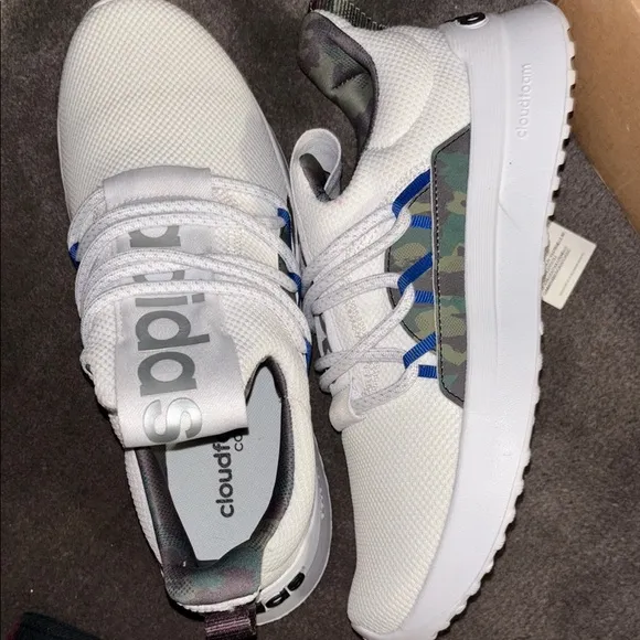 Adidas Lite Racer Adapt 5 White Sneakers with Blue and Camo Accents Size 8M NIB
