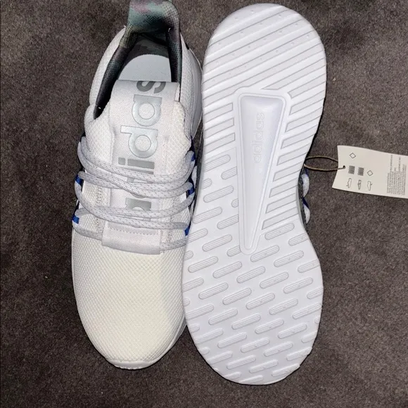 Adidas Lite Racer Adapt 5 White Sneakers with Blue and Camo Accents Size 8M NIB