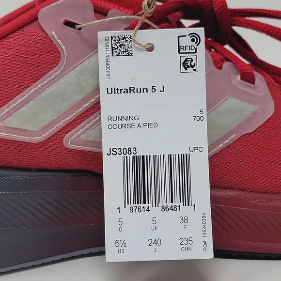 Adidas Mahomes Ultrarun 5 GS JS3083 Team Power Red 2 Kids Size 5.5 Running New