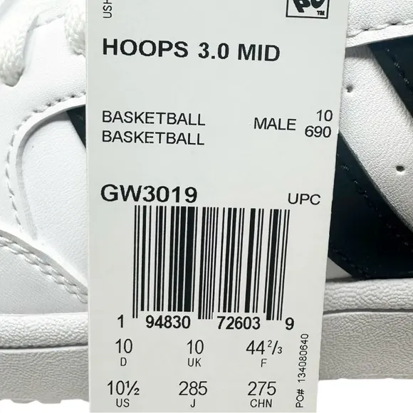 Adidas Men’s Hoops 3.0 Mid GW3019 White/Black Size 10.5