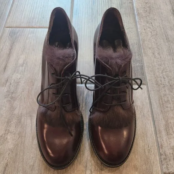 Agl Shoes Attilio Giusti Leombruni Leather Rolo Fur Trim Oxford Heel Pumps EU 38