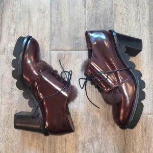 Agl Shoes Attilio Giusti Leombruni Leather Rolo Fur Trim Oxford Heel Pumps EU 38