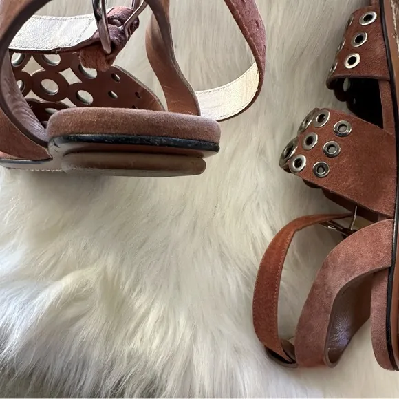 Alaia Paris Flats Sandals SZ 5 Brown  Suede Straps Grommets Open Toe Buckle