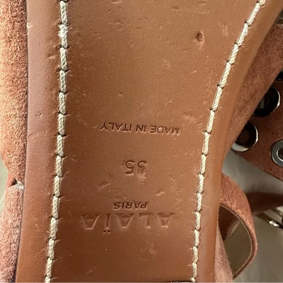 Alaia Paris Flats Sandals SZ 5 Brown  Suede Straps Grommets Open Toe Buckle