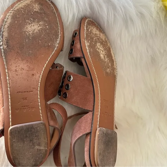 Alaia Paris Flats Sandals SZ 5 Brown  Suede Straps Grommets Open Toe Buckle