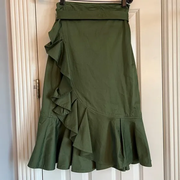 Alexis Cotton Tie-waist Ruffle Midi Skirt -Army Green-Sz 6-Like new- worn once