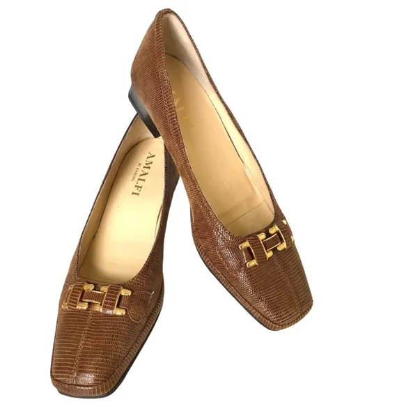 Amalfi by Rangoni Brown Snakeskin Leather Chunky Heel Shoes Made in Italy Women