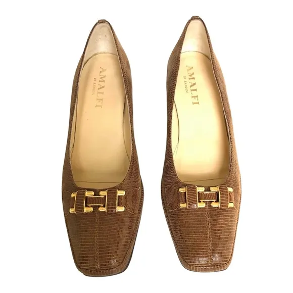 Amalfi by Rangoni Brown Snakeskin Leather Chunky Heel Shoes Made in Italy Women