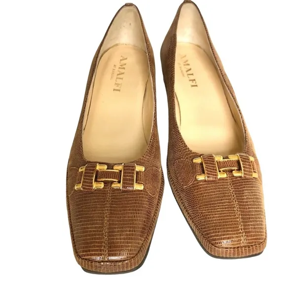 Amalfi by Rangoni Brown Snakeskin Leather Chunky Heel Shoes Made in Italy Women