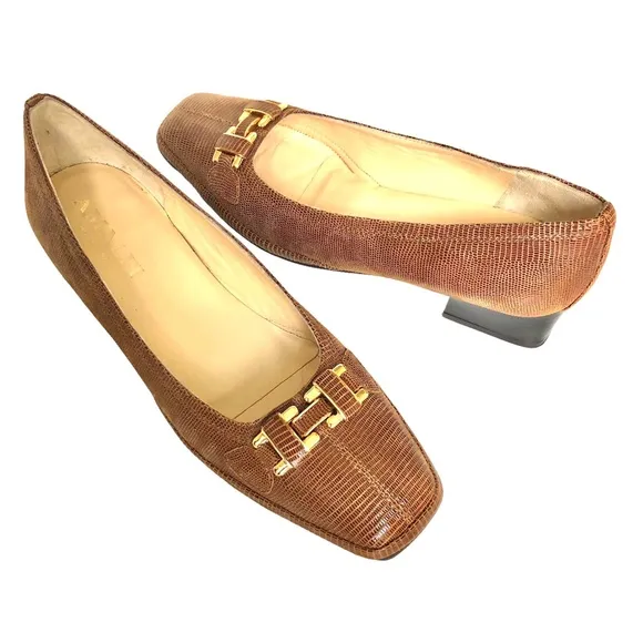 Amalfi by Rangoni Brown Snakeskin Leather Chunky Heel Shoes Made in Italy Women