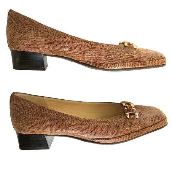 Amalfi by Rangoni Brown Snakeskin Leather Chunky Heel Shoes Made in Italy Women