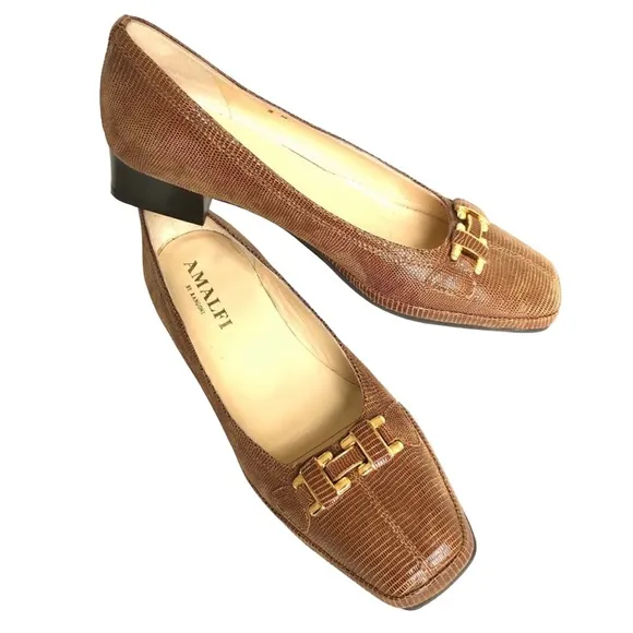 Amalfi by Rangoni Brown Snakeskin Leather Chunky Heel Shoes Made in Italy Women