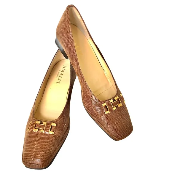Amalfi by Rangoni Brown Snakeskin Leather Chunky Heel Shoes Made in Italy Women