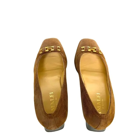 Amalfi by Rangoni Brown Snakeskin Leather Chunky Heel Shoes Made in Italy Women
