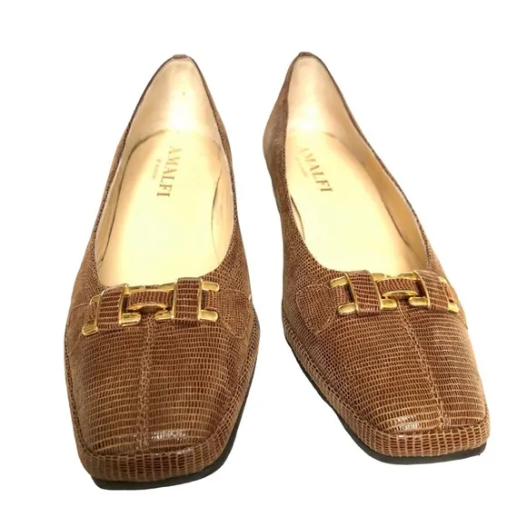 Amalfi by Rangoni Brown Snakeskin Leather Chunky Heel Shoes Made in Italy Women