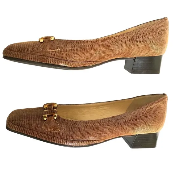 Amalfi by Rangoni Brown Snakeskin Leather Chunky Heel Shoes Made in Italy Women