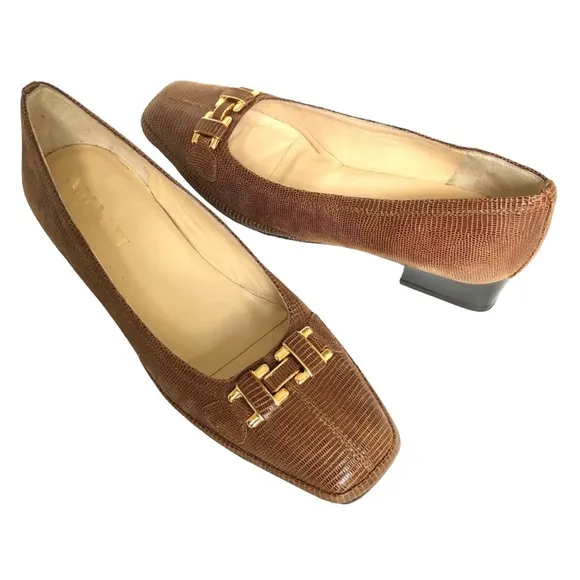 Amalfi by Rangoni Brown Snakeskin Leather Chunky Heel Shoes Made in Italy Women