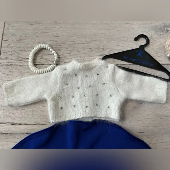 American Girl White Angora sweater and Blue velour skirt,tights shoes &amp; hanger