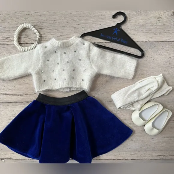 American Girl White Angora sweater and Blue velour skirt,tights shoes &amp; hanger