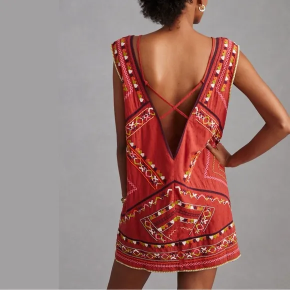 Anthropologie Embroidered Beaded Statement CoverupMini Dress Red Large NWT