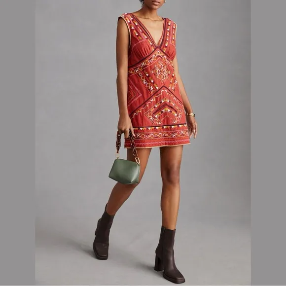 Anthropologie Embroidered Beaded Statement CoverupMini Dress Red Large NWT