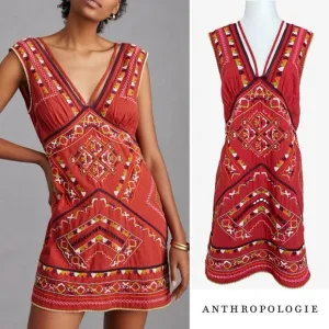 Anthropologie Embroidered Beaded Statement CoverupMini Dress Red Large NWT