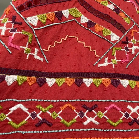 Anthropologie Embroidered Beaded Statement CoverupMini Dress Red Large NWT