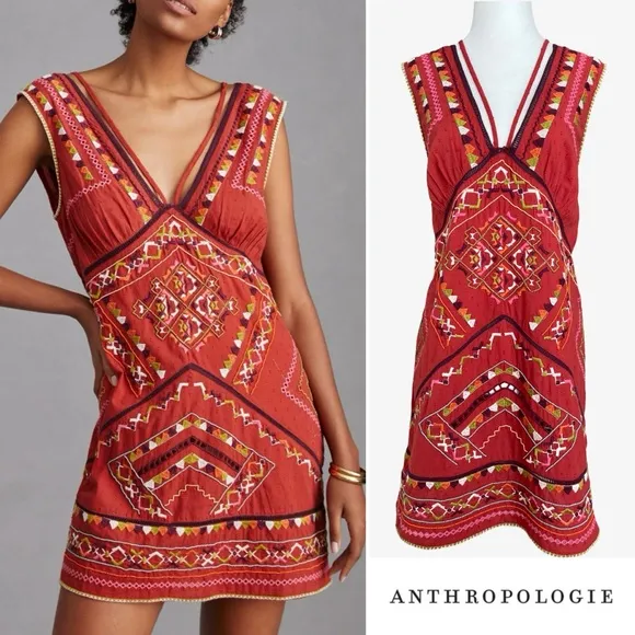 Anthropologie Embroidered Beaded Statement CoverupMini Dress Red Large NWT
