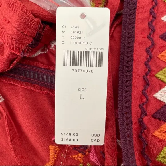 Anthropologie Embroidered Beaded Statement CoverupMini Dress Red Large NWT