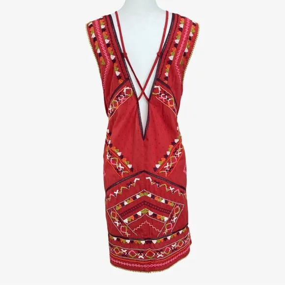 Anthropologie Embroidered Beaded Statement CoverupMini Dress Red Large NWT