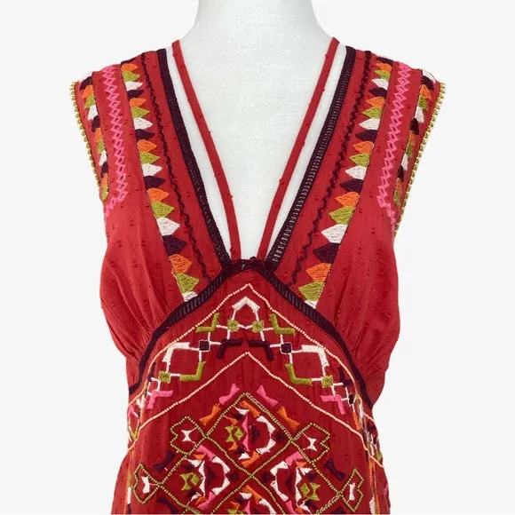 Anthropologie Embroidered Beaded Statement CoverupMini Dress Red Large NWT