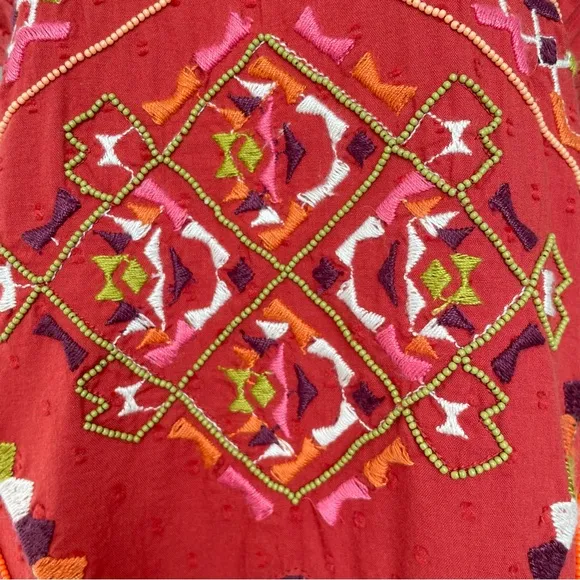 Anthropologie Embroidered Beaded Statement CoverupMini Dress Red Large NWT