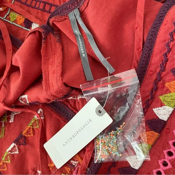 Anthropologie Embroidered Beaded Statement CoverupMini Dress Red Large NWT