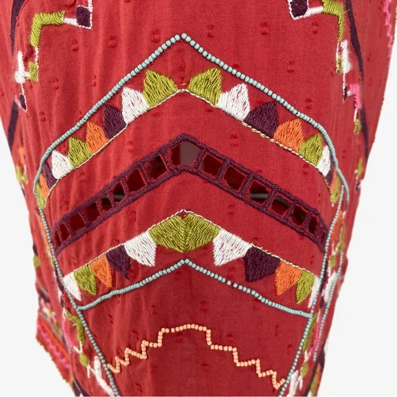 Anthropologie Embroidered Beaded Statement CoverupMini Dress Red Large NWT
