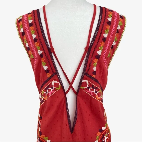 Anthropologie Embroidered Beaded Statement CoverupMini Dress Red Large NWT