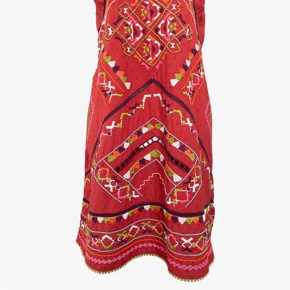 Anthropologie Embroidered Beaded Statement CoverupMini Dress Red Large NWT