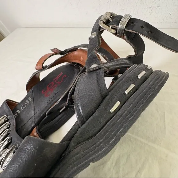 A.S. 98 Chunky Leather Sandals Metal Pewter Embellishments size EU 37 US 6.5/7