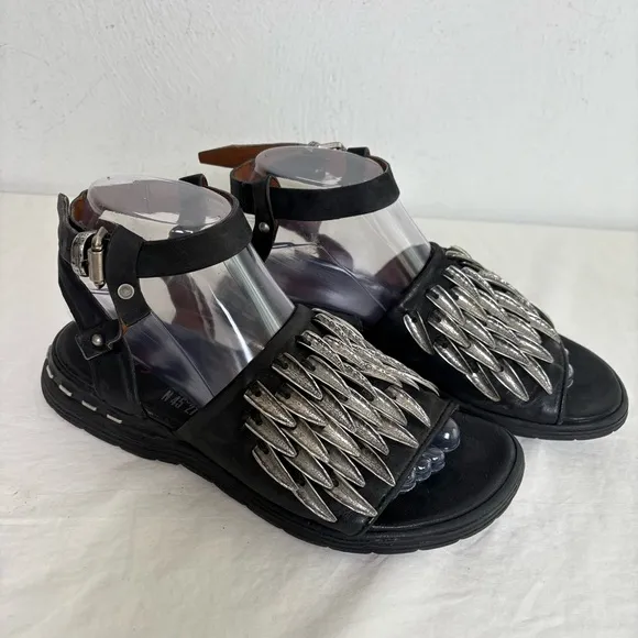 A.S. 98 Chunky Leather Sandals Metal Pewter Embellishments size EU 37 US 6.5/7