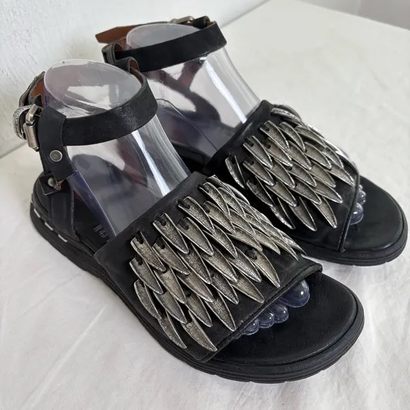 A.S. 98 Chunky Leather Sandals Metal Pewter Embellishments size EU 37 US 6.5/7