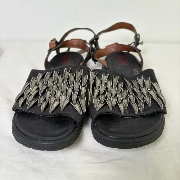 A.S. 98 Chunky Leather Sandals Metal Pewter Embellishments size EU 37 US 6.5/7